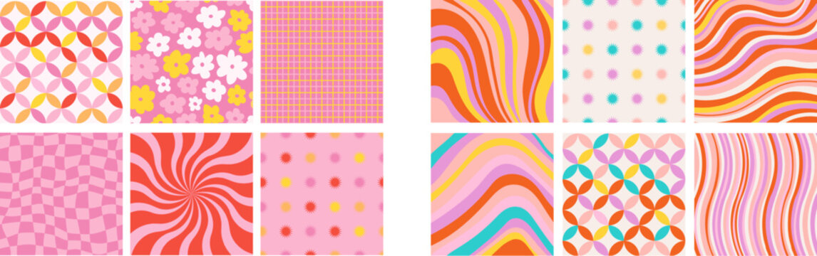 Groovy seamless patterns with funny happy daisy, wave, chess, mesh, and sunburst. Set of vector backgrounds in trendy retro trippy style. Hippie 60s, 70s style. Yellow, pink, red colors.