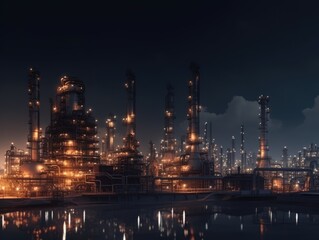 Fototapeta na wymiar Generative AI illustration of aerial view of illuminated industrial petroleum refinery with distillation towers and pipes in glowing light at night