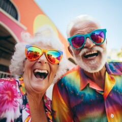 Happy Elderly Couple with Rainbow Background. Generative AI