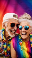 Happy Elderly Couple with Rainbow Background. Generative AI