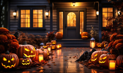 Night View of a House with Halloween Decorations, a Symbol of the Haunted Season