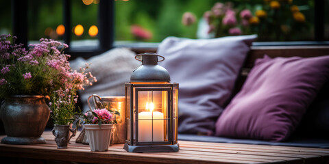 Fototapeta na wymiar Outdoor Living Space with Flowers and Candles, a Way to Bring the Beauty of Nature Inside