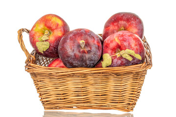 Several sweet organic red apples in a basket, macro, isolated on white background.