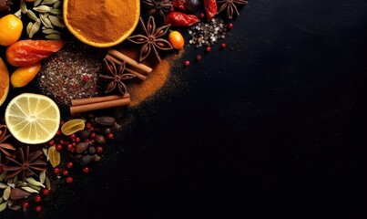 Spices on black background space for text