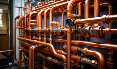 Copper Pipeline of a Heating System in Boiler Room, a Symbol of Durability and Efficiency
