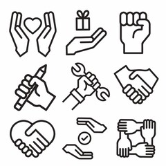 Collection of  hands showing different gestures, Heart in hand icon, hands line icons, hands holding, wrench in hand.