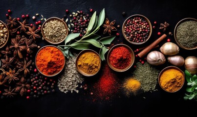 Spices on black background - kitchen. top view, flat lay on black chalkboard background