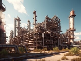 Obraz premium Generative AI illustration of industrial gas and petroleum refinery factory with distillation towers and tanks near river under blue cloudy sky in daylight