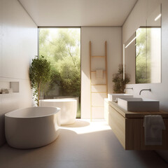 Modern and minimal bathroom, natural mood, nautral colors, AI generated