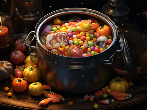 hallowin candy in a pot,  pot filled with candys and a halloween theme