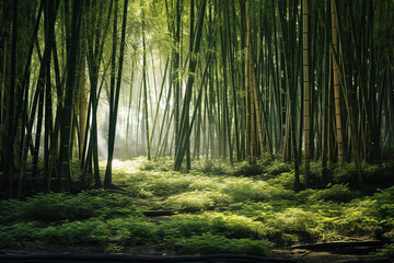Towering bamboo stalks create a tranquil grove, as dappled sunlight paints a dance of light and shade on the forest floor - obrazy, fototapety, plakaty