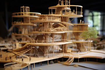 A miniature model displays innovative architectural designs, harnessing the strength and sustainability of bamboo as the primary material