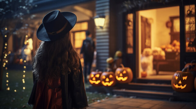 halloween little girl playing trick or treat at halloween going from door to door, get candys and wearing a costume, pumpkin