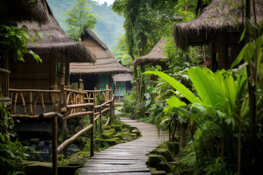Rustic bamboo huts with thatched roofs stand in harmony with nature, representing the simplicity of village life in Asia