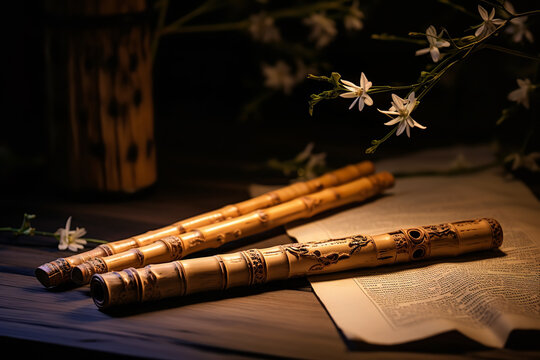 A beautifully crafted bamboo flute rests atop an ancient musical manuscript, evoking tales of traditional melodies and bygone eras