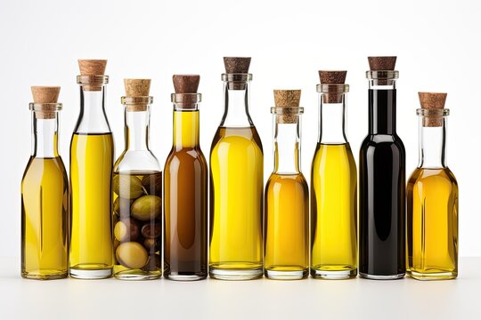 Various olive oil bottles isolated on white background
