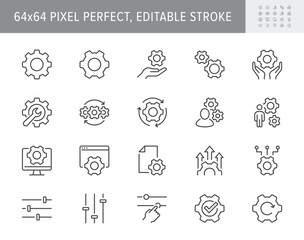 Settings line icons. Vector illustration include icon - cogwheel, repair, spanner, config, automation process, service, outline pictogram for system maintenance. 64x64 Pixel Perfect, Editable Stroke