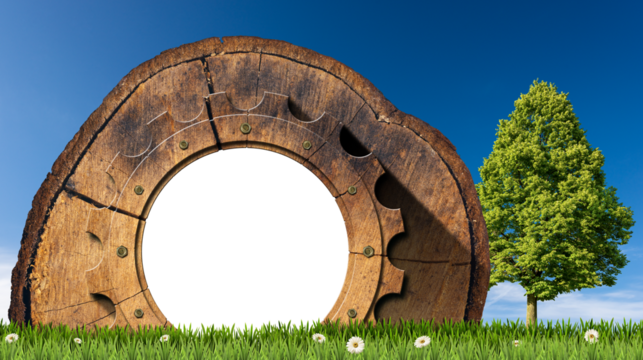 Empty section of tree trunk with wooden cogwheel and copy space (transparent background), on a green meadow with daisies flower and green tree against a clear blue sky. Sustainable resources concept. 