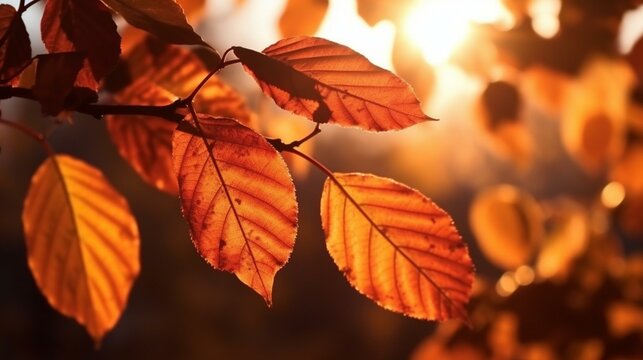 Whispers of Fall Sunset-Lit Leaves Falling with Energy