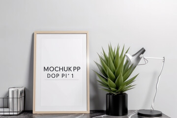 A cozy and comfortable home decor featuring a wooden table adorned with a potted plant and a mockup picture frame, creating an inviting ambiance. This composition is AI Generative.