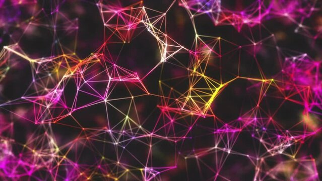A moving multi-colored abstract network of dots and lines. A network with broken and restored connections.