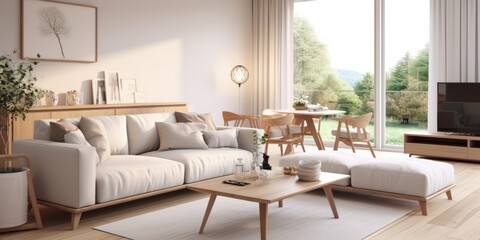 Interior design of modern scandinavian living room with table.