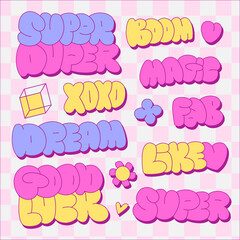 Girly colorful funny quote sticker set. Collection of trendy 90s retro text bubble cartoon shapes. Fun comic word art and bold typography sign bundle. Includes motivation lettering vector design