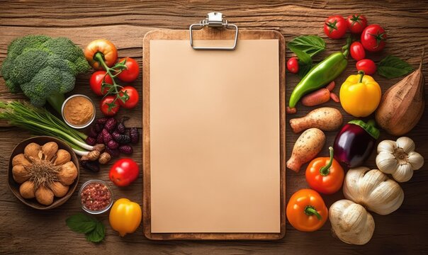 blank rustic wood menu clipboard, surrounded by cooking ingredients and fruit and vegetables, top view, focus on center . Generative AI