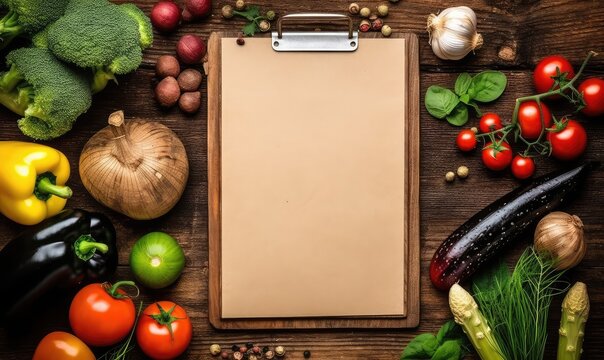 blank rustic wood menu clipboard, surrounded by cooking ingredients and fruit and vegetables, top view, focus on center . Generative AI