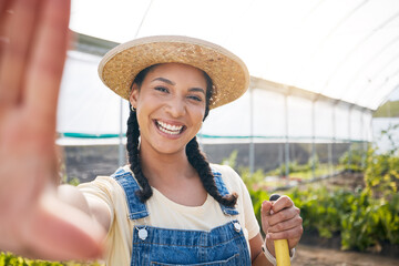 Selfie, happy and farmer woman in a greenhouse for agriculture or sustainability in the harvest...