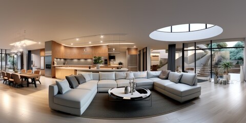 Fototapeta na wymiar Interior of modern house, living room and dining room, kitchen panorama