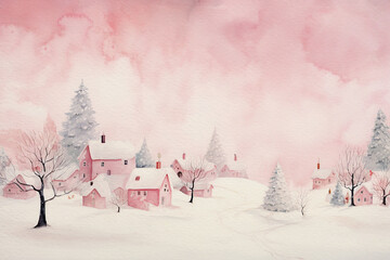 Pink watercolour painted style Christmas fantasy theme of a pretty village in the snow, perfect as a greetings card, website header or for social media use