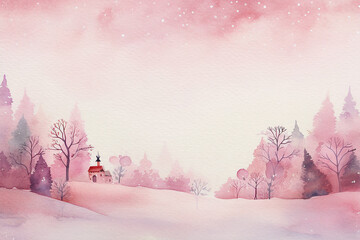 Pink watercolour painted style Christmas fantasy theme of a pretty church in the snow, perfect as a greetings card, website header or for social media use