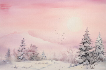 Pink watercolour painted style Christmas fantasy landscape image of fir trees in the snow, perfect as a greetings card, website header or for social media use