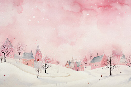 Pink watercolour painted style Christmas fantasy theme of a pretty village in the snow, perfect as a greetings card, website header or for social media use