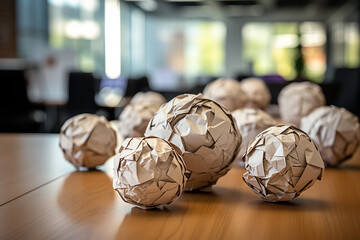 Closeup View of Several Crumpled Wrinkled Paper Balls on a Office Desk AI Generative