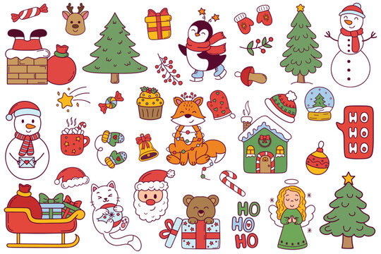 Big Christmas collection in doodle style with traditional Christmas and New Year elements. Vector set of holiday icons. Kids illustration for Christmas time. Big Christmas set.