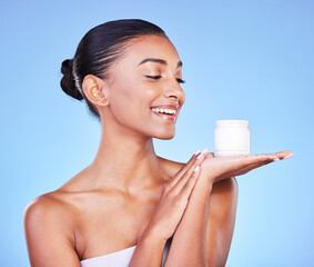 Skincare, cream and product with woman and jar in studio for beauty, facial or moisturizer. Spa...