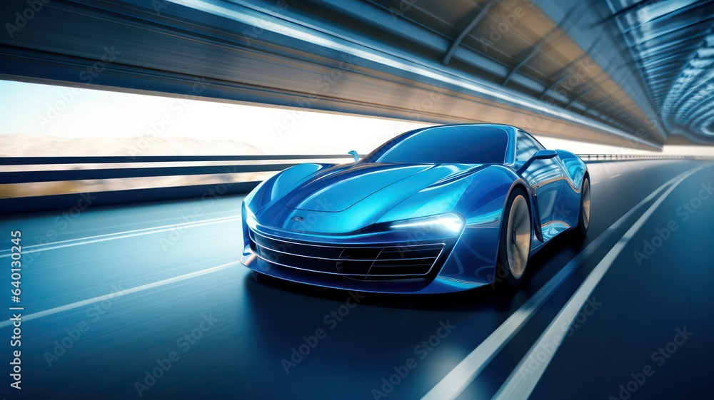 Poster front side view of blue business car on high speed in turn created with generative ai
