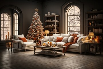 A warm and cozy living room adorned with a Christmas tree exuding a festive and inviting atmosphere for the holiday season. Photorealistic illustration, Generative AI