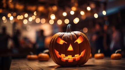 Jack-O Lantern on wooden counter at Halloween celebration party.