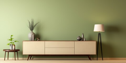  Interior of modern living room with sideboard over green beige wall. Contemporary room with dresser