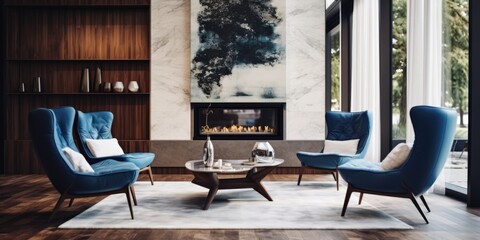  Interior with blue armchairs and set of two coffee tables in modern living room