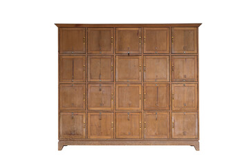 Vintage wooden cabinet isolated on white background. Wooden lockers with key in locker room with Clipping path