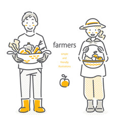 農業に従事する若い女性と男性　シンプルでお洒落な線画イラスト