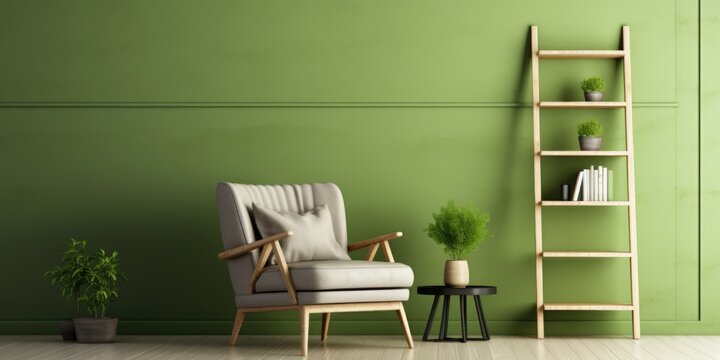  Interior with green armchair and ladder shelf in modern living room with wooden panelling and mockup wall.