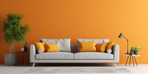 Interior with orange sofa in modern living room with mockup wall, home design