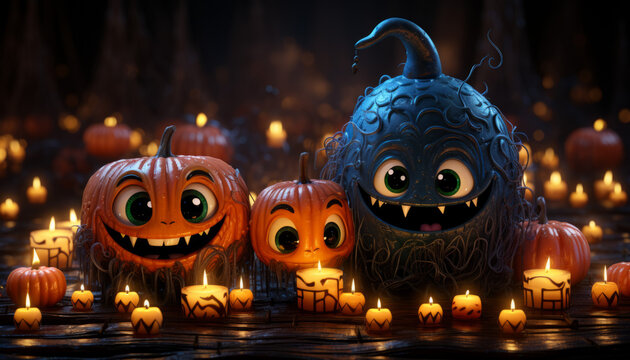 halloween cute cartoon pumpkin with eyes and teeth, funny stuffed scarecrow on halloween holiday. Made in AI