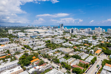 Miami Beach, Florida, USA - Aerial of the skyline of the downtown area of Miami Beach, including...