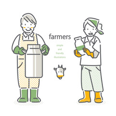 酪農家の女性と男性　3色　シンプルでお洒落な線画イラスト